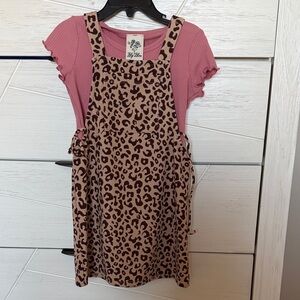 Leopard Print Overall Dress with Pink Top
